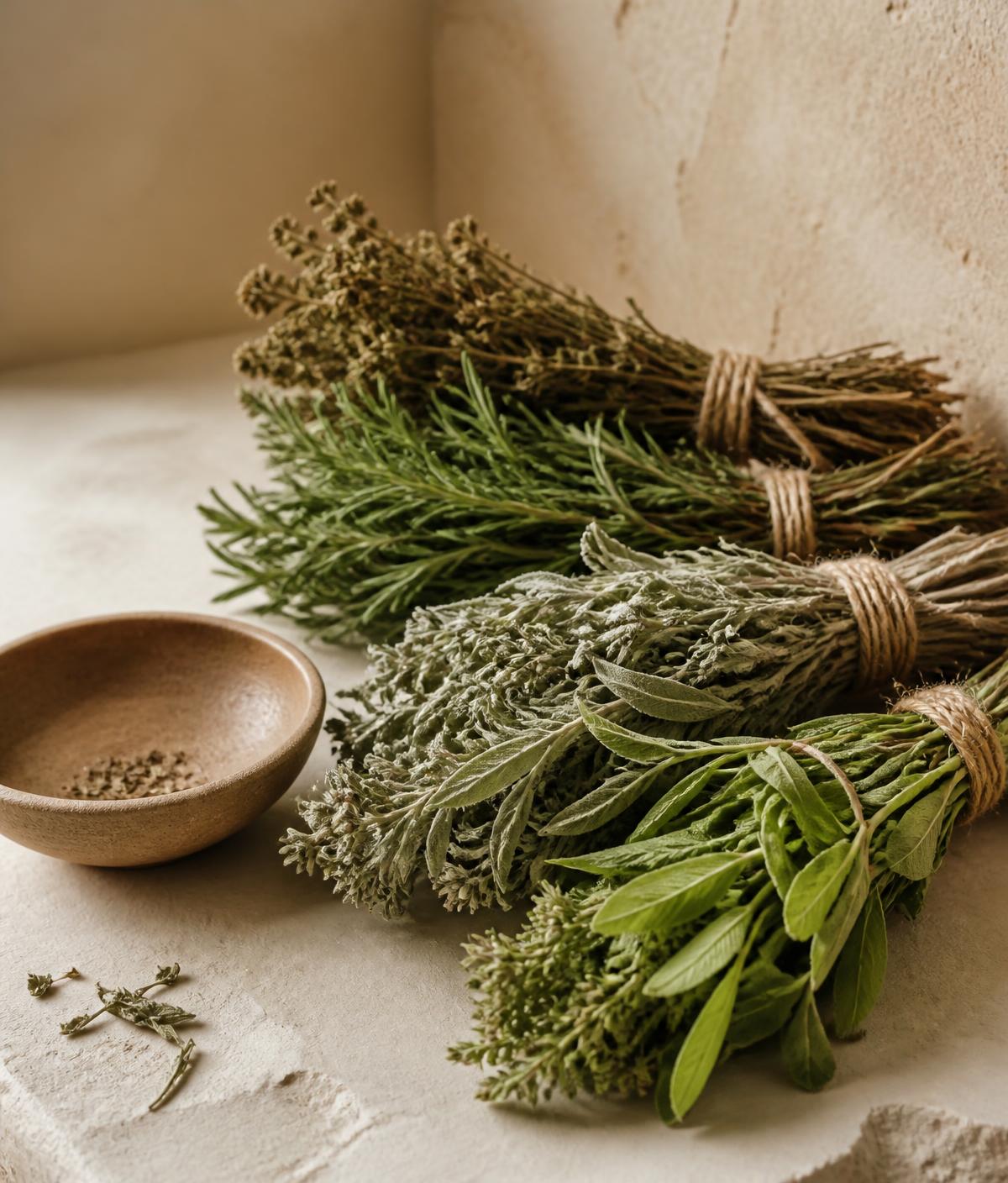 Bundles of dried and fresh traditional herbs resting on a cream stone surface
