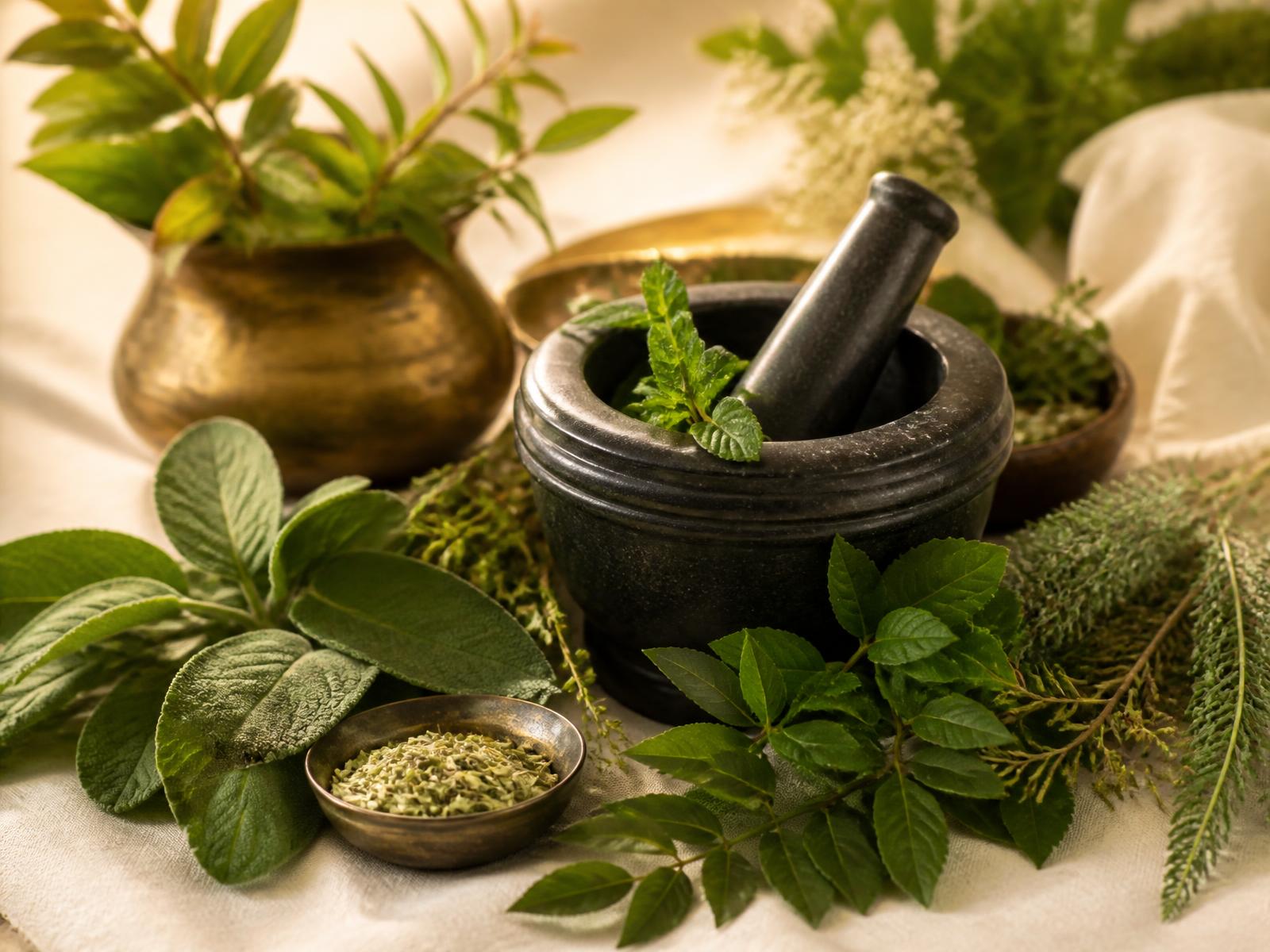Traditional mortar and pestle surrounded by fresh healing herbs in warm natural light